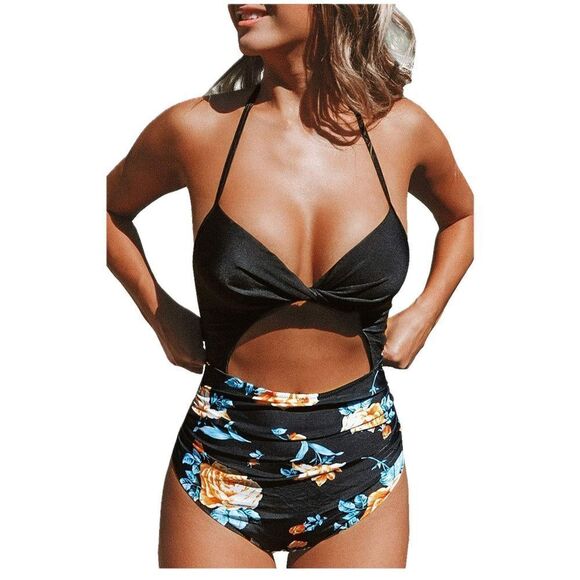 NWT XS Cupshe Women's Striped Twist Cut-Out One Piece Swimsuit V Neck Bathing Su - Picture 1 of 12